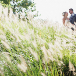bride and groom in grass